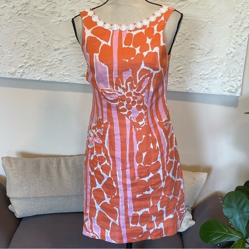 Lilly Pulitzer Target Women's Giraffe Print Linen Orange Pink Shift Dress Sz 2 - Picture 2 of 10